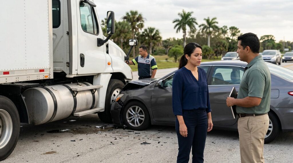 Camión semi dañado y vehículo de pasajeros después de accidente grave en Coral Springs.