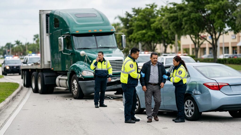 Camión semi dañado y vehículo de pasajeros después de accidente grave.