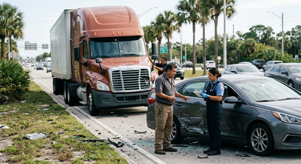 Camión semi dañado y vehículo de pasajeros después de accidente grave en carretera.