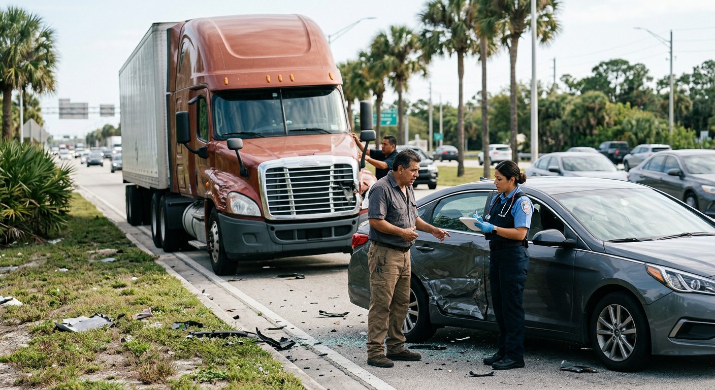 Camión semi dañado y vehículo de pasajeros después de accidente grave en carretera.