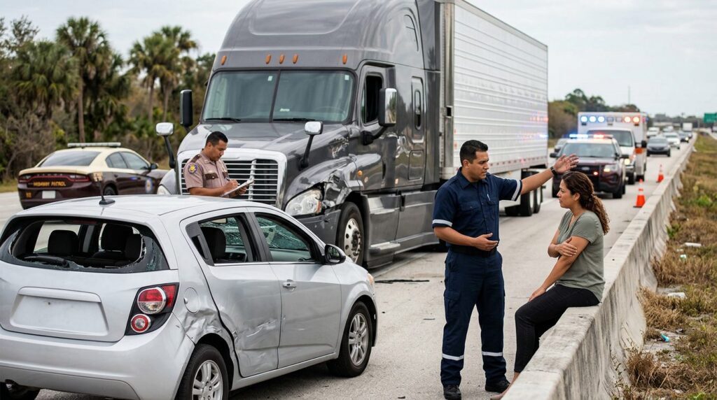 Camión semi dañado y vehículo de pasajeros después de accidente grave en carretera.