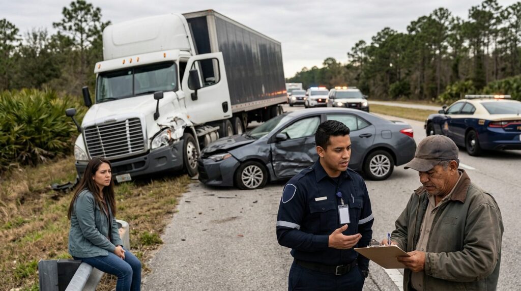 Camión semi dañado y vehículo de pasajeros después de accidente grave en carretera.