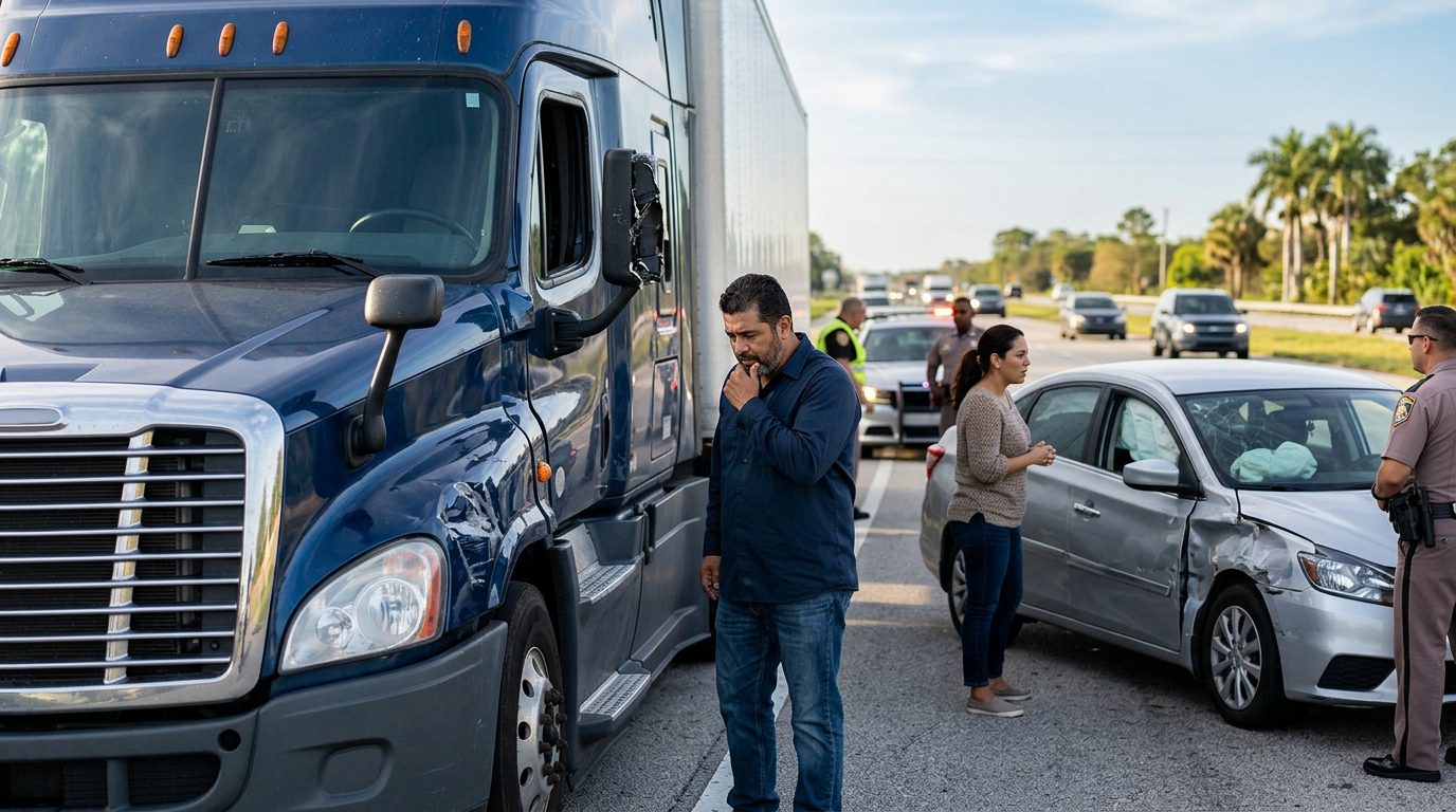 Camión semi dañado y vehículo de pasajeros después de accidente grave en carretera.