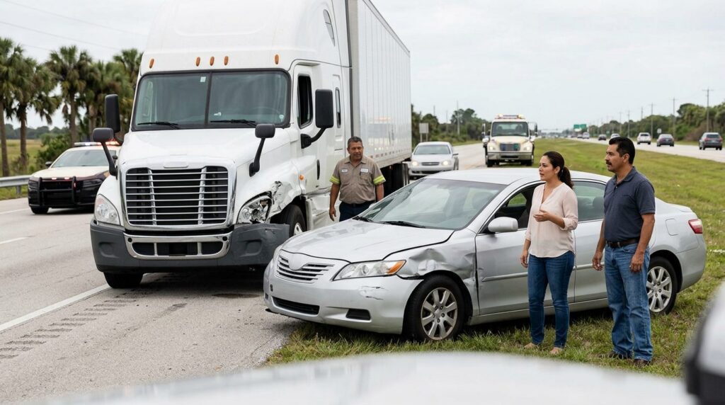 Camión semi dañado y vehículo de pasajeros después de accidente grave.