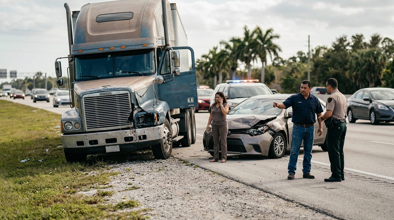 Camión semi dañado y vehículo de pasajeros después de accidente grave en carretera.