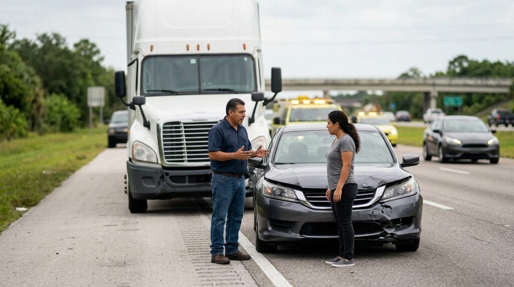 Camión semi dañado y vehículo de pasajeros después de accidente grave en carretera.