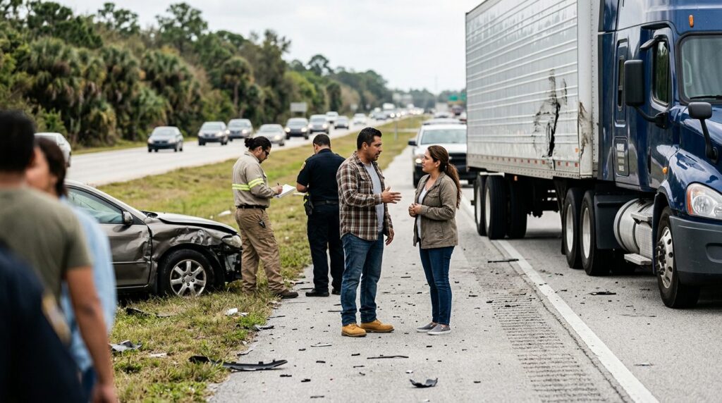 Camión semi dañado y vehículo de pasajeros después de accidente grave en carretera.