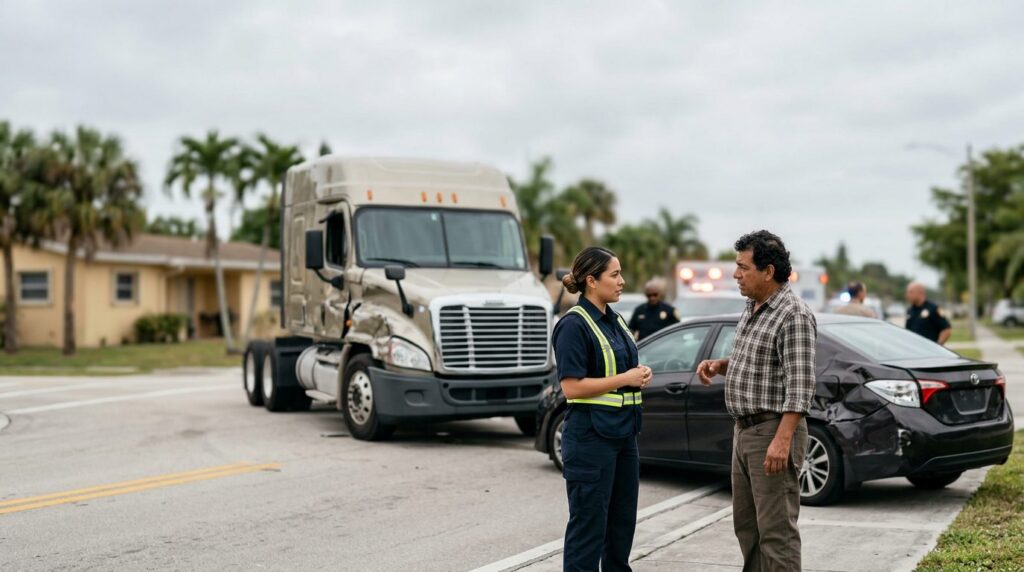 Camión semi dañado y vehículo de pasajeros después de accidente grave en Sweetwater, Florida.