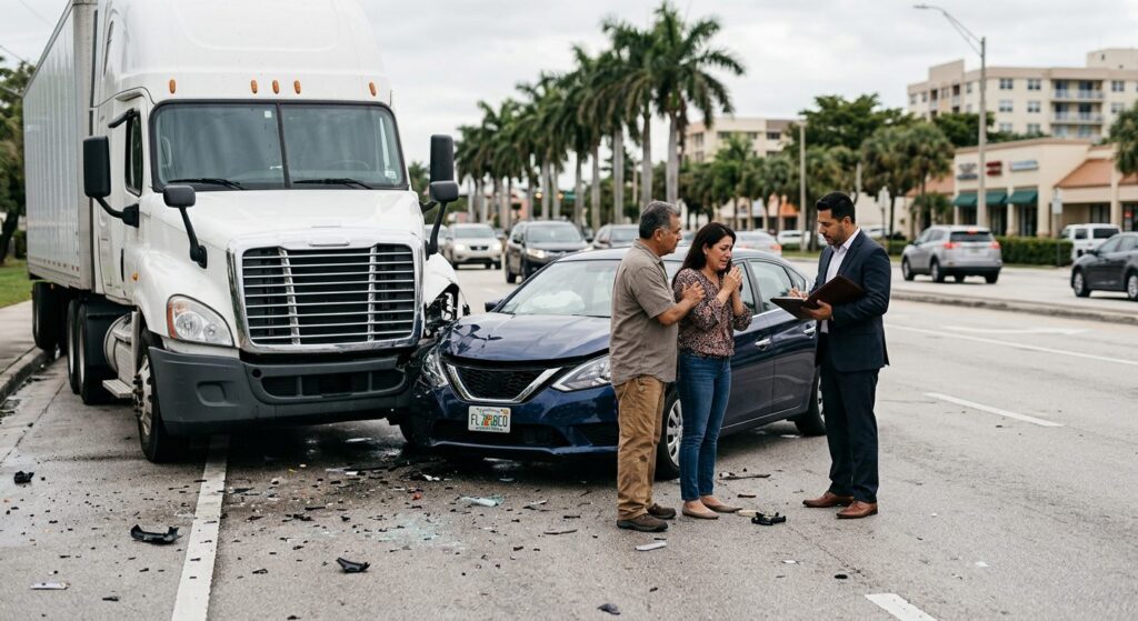 Camión semi dañado y vehículo de pasajeros después de accidente grave en carretera.
