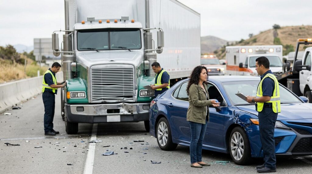 Camión semirremolque dañado junto a vehículo de pasajeros tras accidente grave.