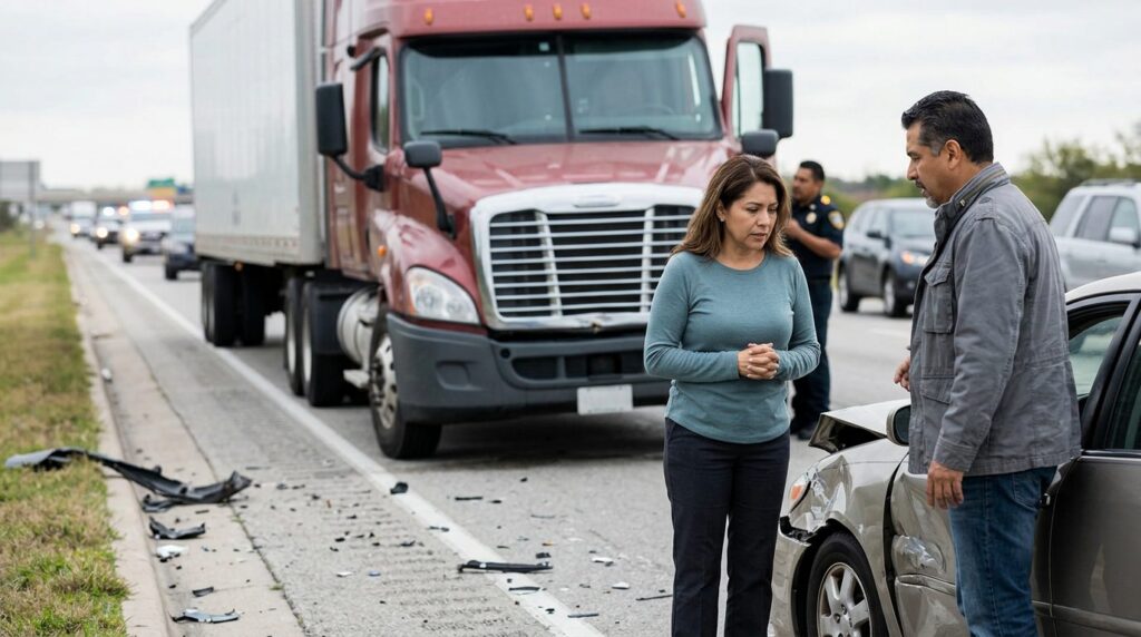 Camión semirremolque dañado junto a vehículo de pasajeros tras accidente grave.