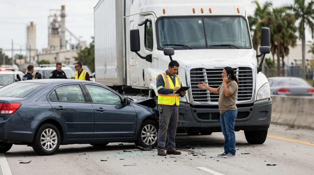 Camión semirremolque dañado tras accidente grave en carretera.