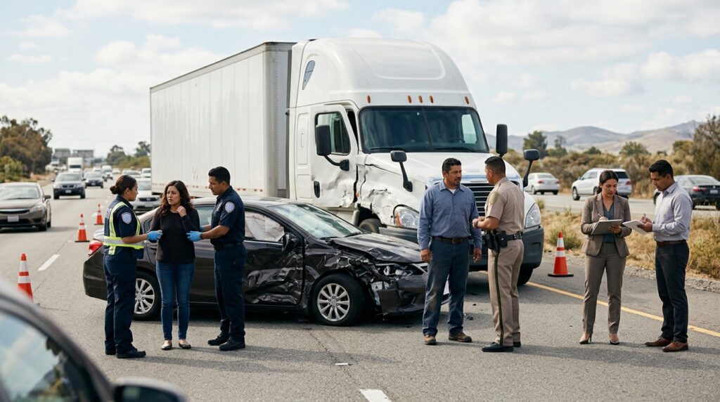 Camión semirremolque dañado y auto de pasajeros después de accidente grave en carretera.