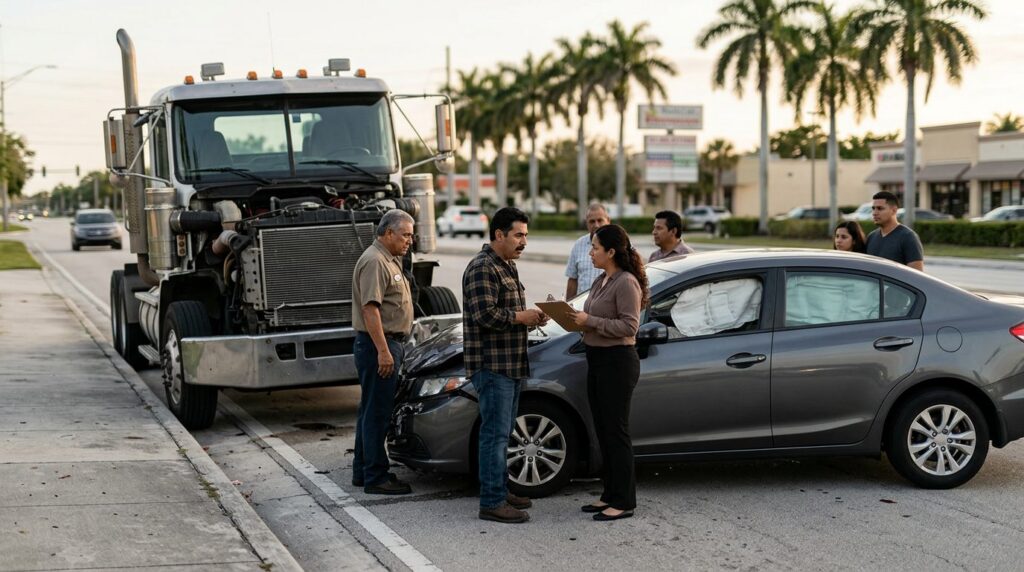 Camión semirremolque dañado y vehículo de pasajeros después de accidente grave en carretera.