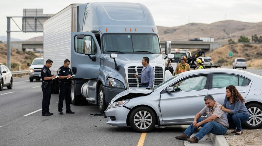 Camión semirremolque dañado y vehículo de pasajeros después de accidente grave en carretera.