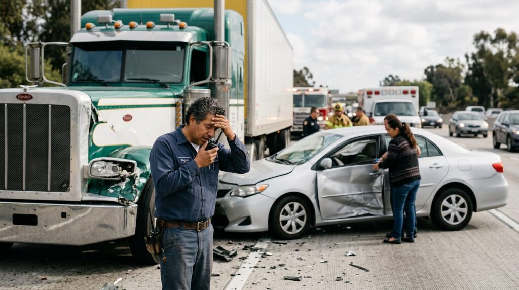 Camión semirremolque dañado y vehículo de pasajeros después de accidente grave en carretera.