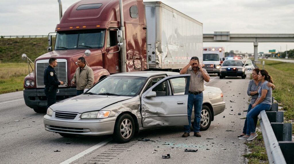 Camión semirremolque dañado y vehículo de pasajeros después de accidente grave.