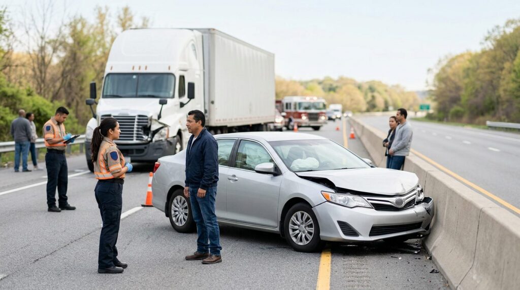 Camión semirremolque dañado y vehículo de pasajeros después de accidente grave.