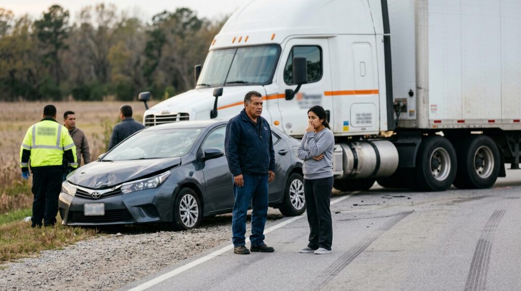 Camión semirremolque dañado y vehículo de pasajeros después de accidente grave en Richmond West.
