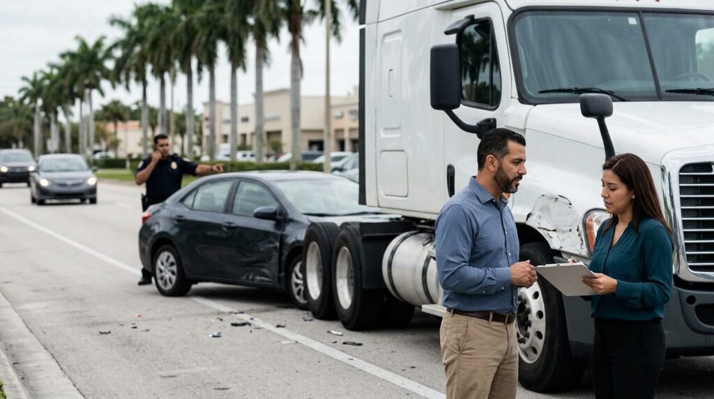 Camión semirremolque dañado y vehículo de pasajeros después de accidente grave en carretera.