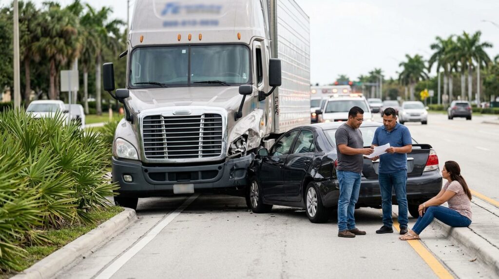 Camión semirremolque dañado y vehículo de pasajeros después de accidente grave.