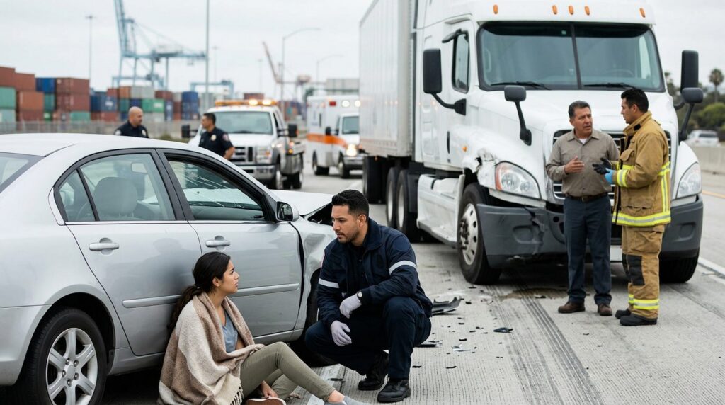 Camión semirremolque dañado y vehículo de pasajeros después de accidente grave.