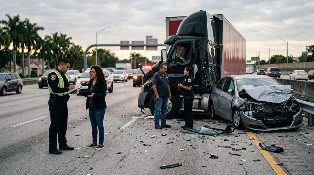 Camión semirremolque dañado y vehículo de pasajeros después de accidente grave.