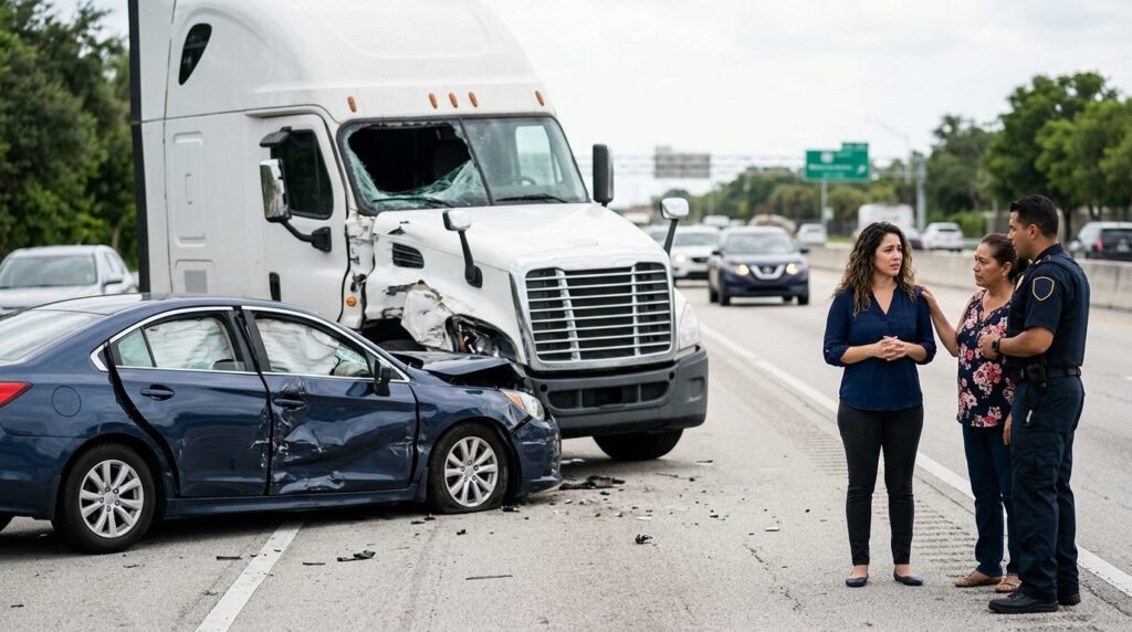 Camión semirremolque dañado y vehículo de pasajeros después de accidente grave en carretera.
