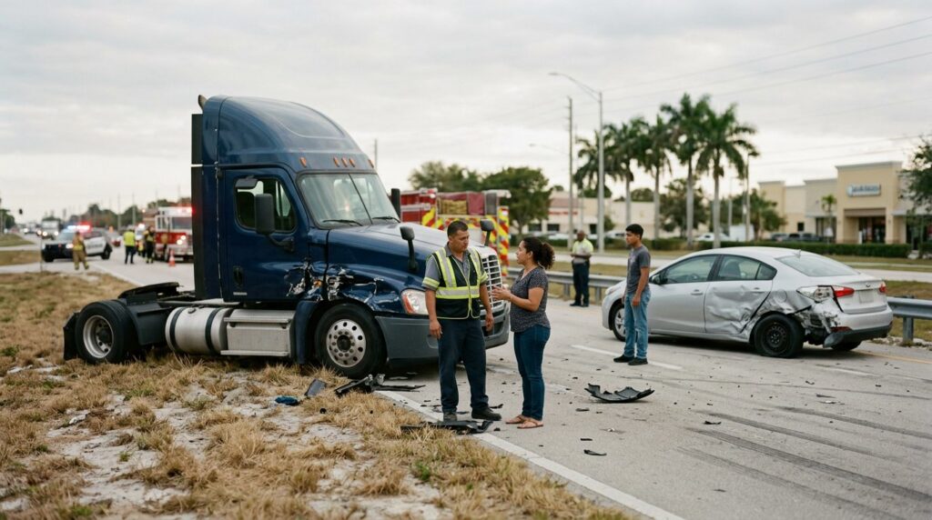 Camión semirremolque dañado y vehículo de pasajeros después de accidente grave en carretera.