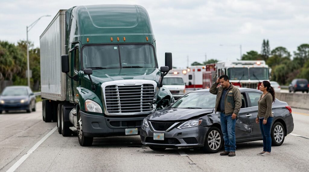 Camión semirremolque dañado y vehículo de pasajeros después de accidente grave.