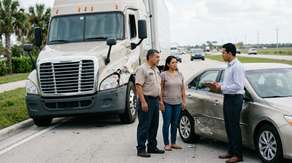 Camión semirremolque dañado y vehículo de pasajeros después de accidente grave en carretera.