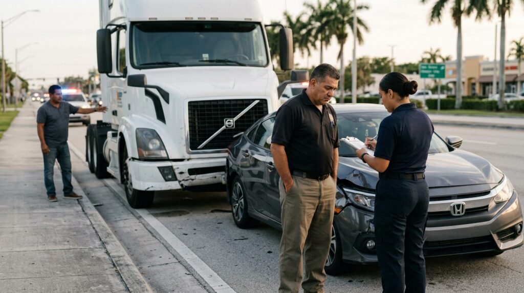 Camión semirremolque dañado y vehículo de pasajeros después de accidente grave en carretera.