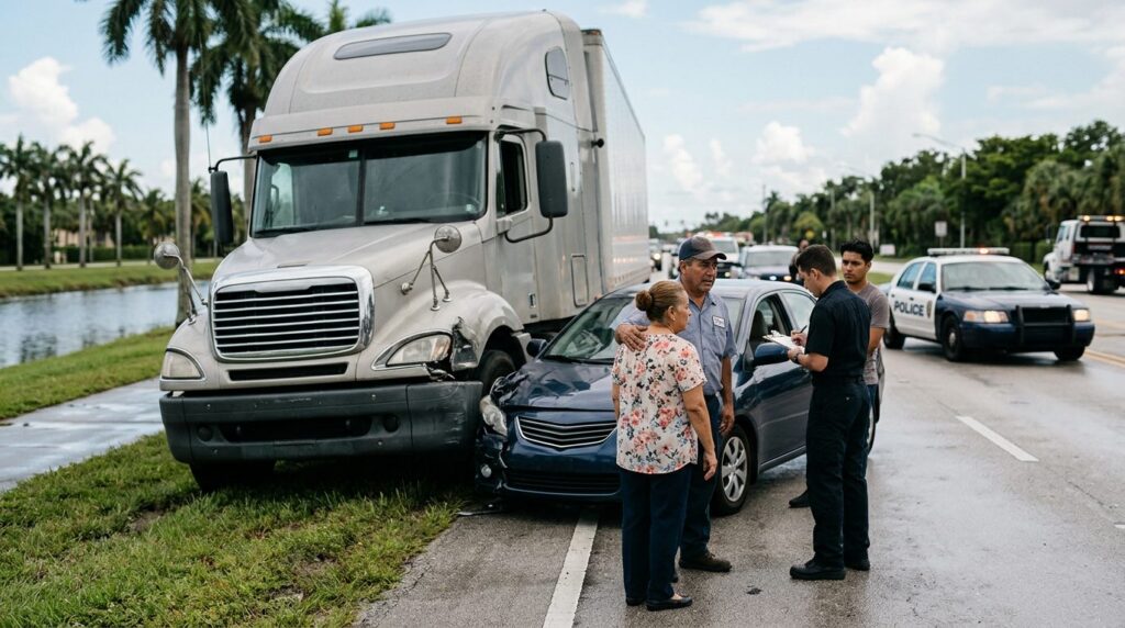 Camión semirremolque dañado y vehículo de pasajeros después de accidente grave en carretera.