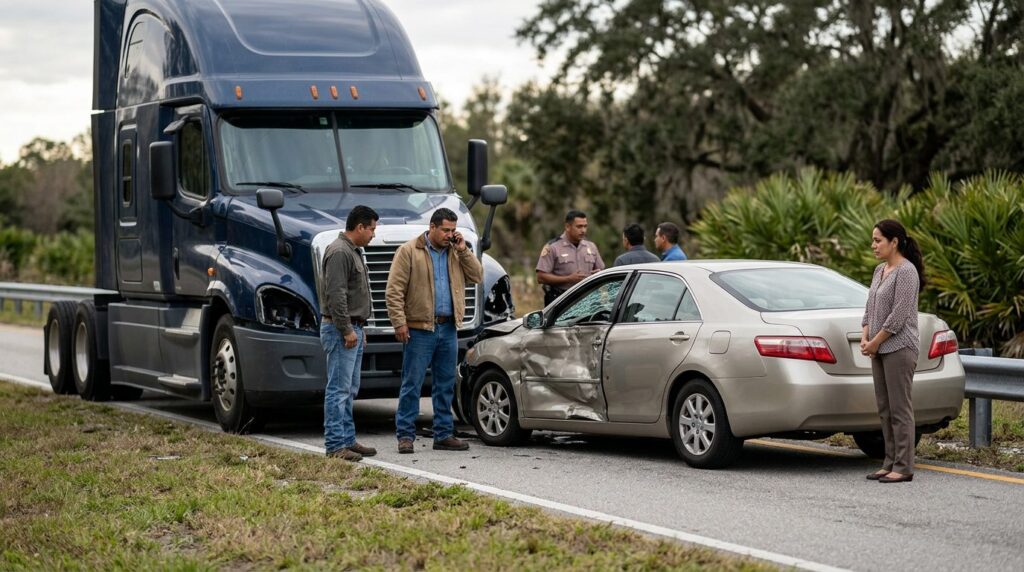Camión semirremolque dañado y vehículo de pasajeros después de accidente grave en Florida.