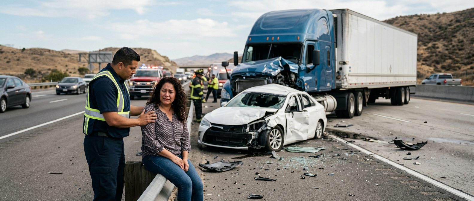 Camión semirremolque dañado y vehículo de pasajeros después de accidente grave en carretera.