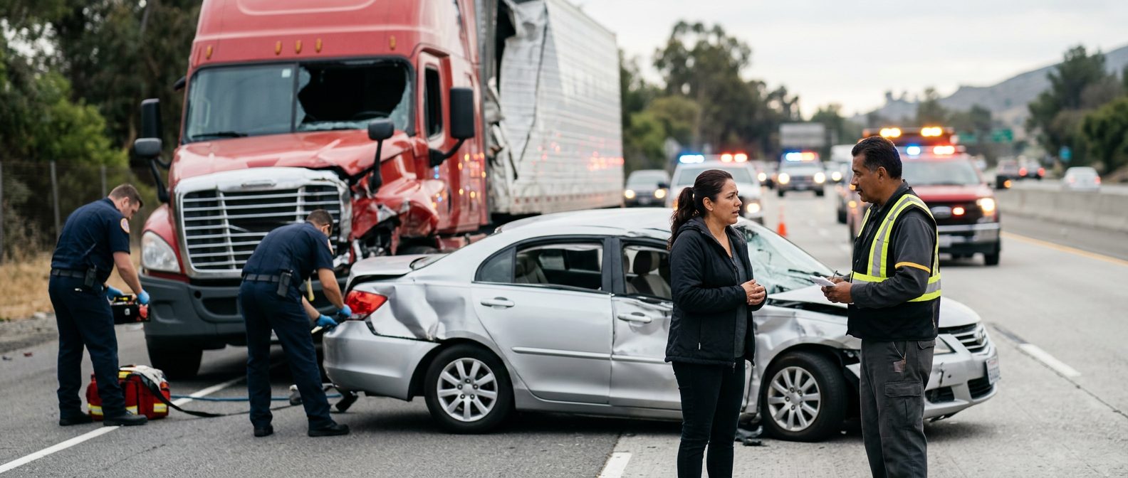 Camión semirremolque dañado y vehículo de pasajeros después de accidente grave en carretera.
