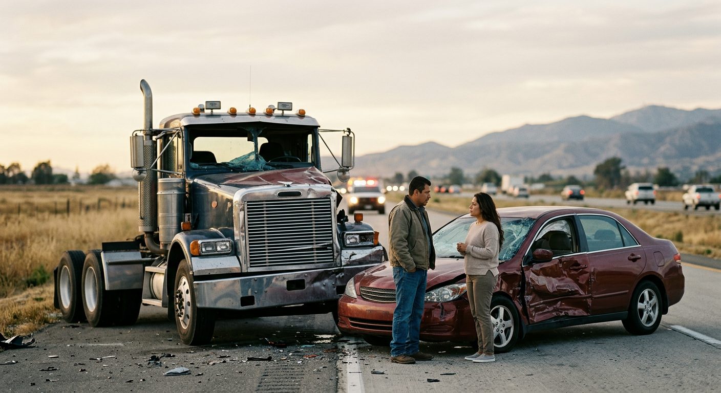 Camión semirremolque dañado y vehículo de pasajeros después de accidente grave.