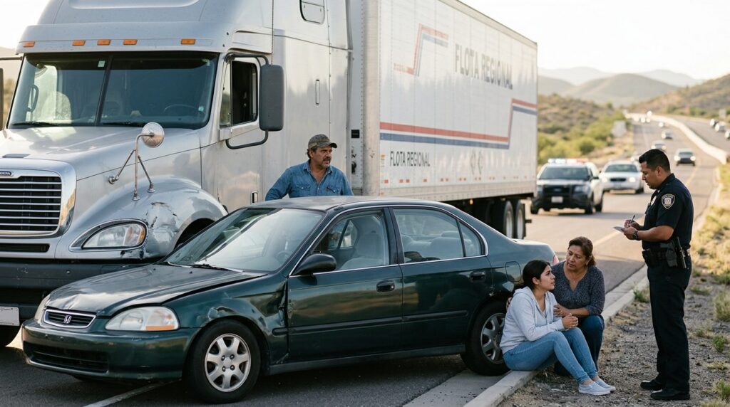 Camión semirremolque dañado y vehículo de pasajeros después de accidente grave en carretera.