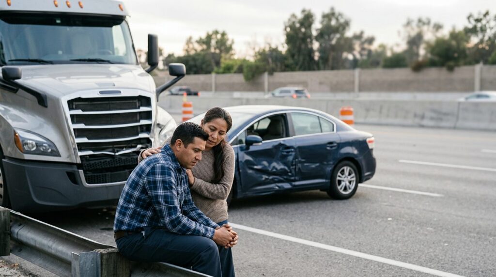Camión semirremolque dañado y vehículo de pasajeros después de accidente grave.