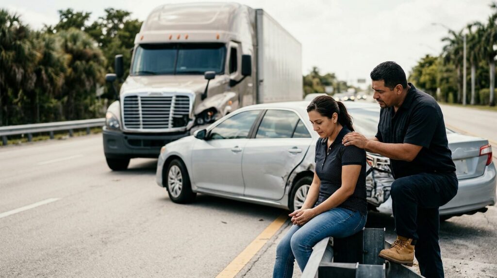 Camión semirremolque dañado y vehículo de pasajeros después de accidente grave.