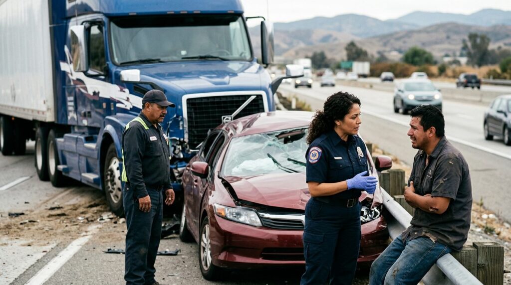 Camión semirremolque dañado y vehículo de pasajeros después de accidente grave.