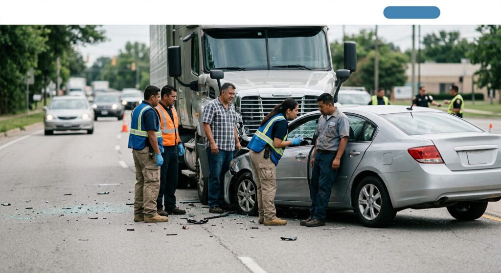 Camión semirremolque dañado y vehículo de pasajeros después de accidente grave.