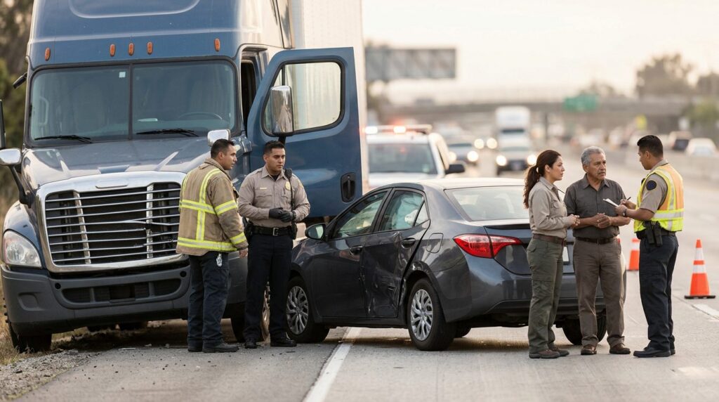Camión semirremolque dañado y vehículo de pasajeros después de accidente grave.