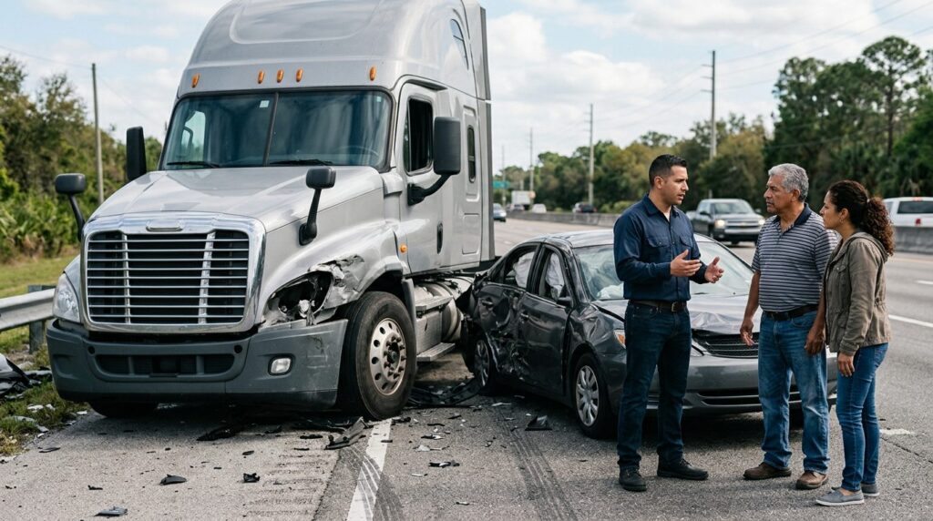 Camión semirremolque dañado y vehículo de pasajeros después de accidente grave.