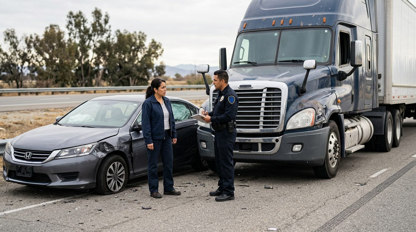 Camión semirremolque dañado y vehículo de pasajeros después de accidente grave.