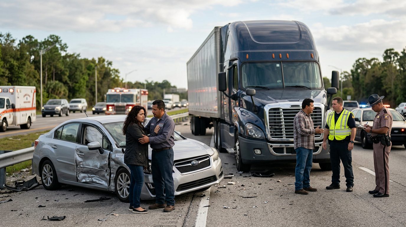 Camión semirremolque dañado y vehículo de pasajeros después de accidente grave.