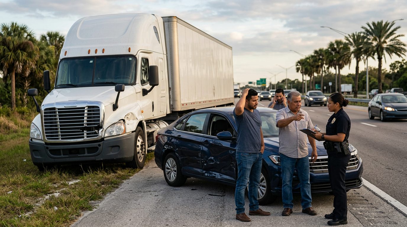 Camión semirremolque dañado y vehículo de pasajeros después de accidente grave.