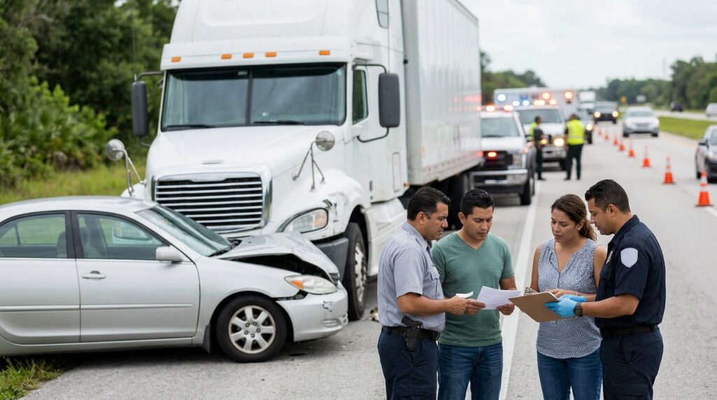 Camión semirremolque dañado y vehículo de pasajeros después de accidente grave.