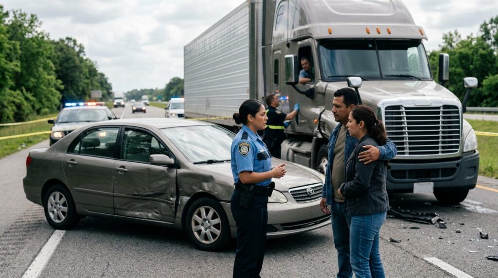 Camión semirremolque dañado y vehículo de pasajeros después de accidente grave.