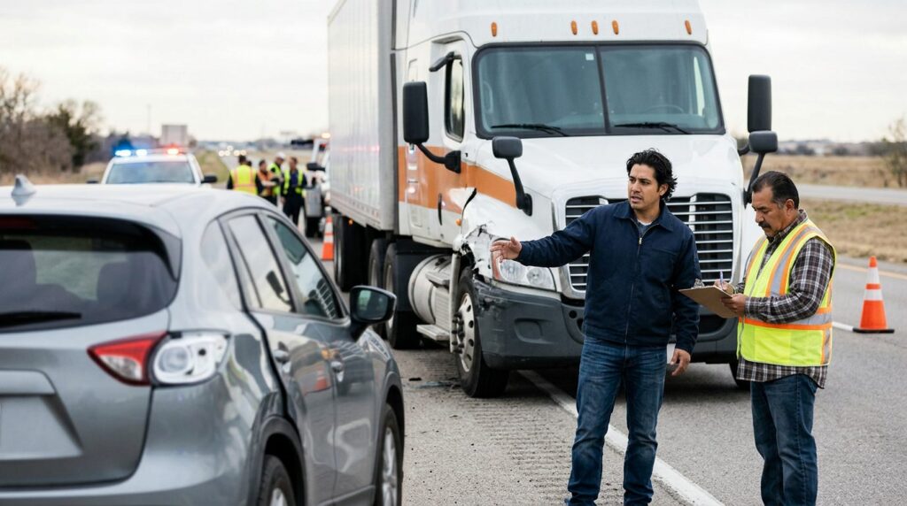 Camión semirremolque dañado y vehículo de pasajeros después de accidente grave en carretera.